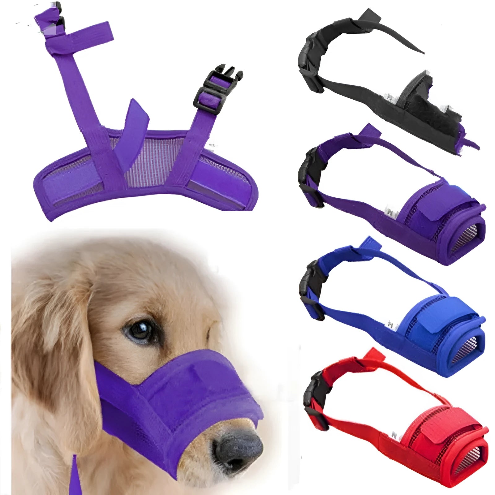 Adjustable plastic dog safety muzzle shown in multiple colours with size chart for S, M, L, XL, XXL.