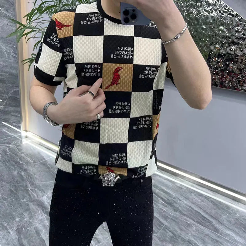 Men's short-sleeved cotton blend undershirt, slim fit letter pattern, black and white plaid or brown, sizes L to 6XL