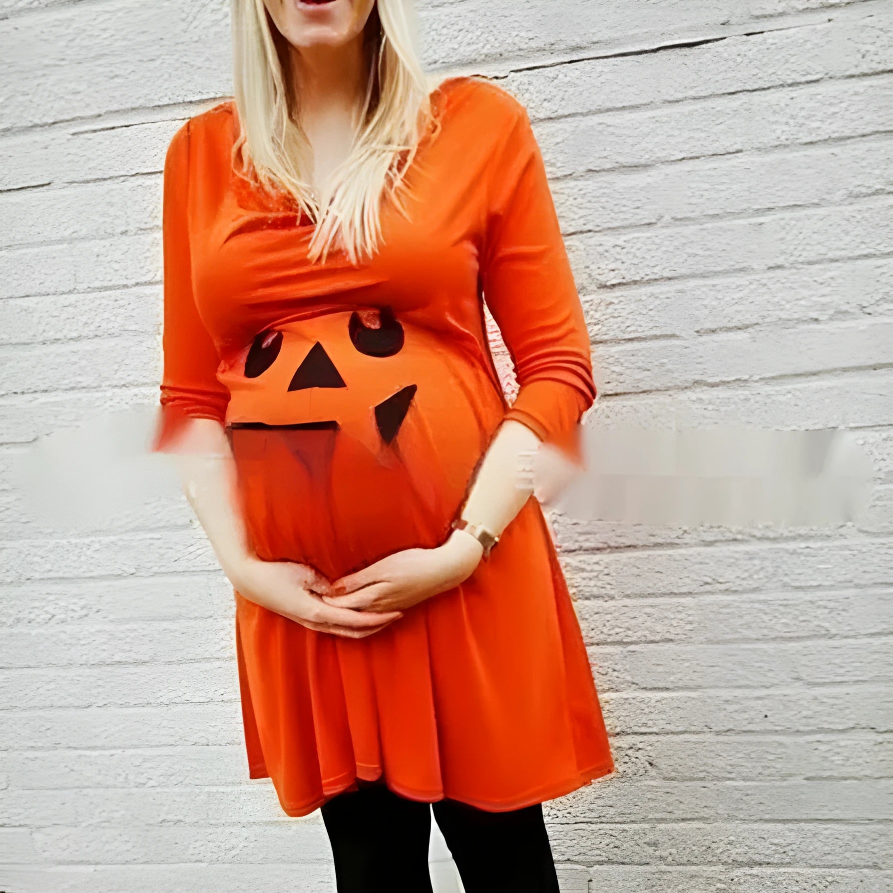Orange cotton maternity dress on a hanger, sizes S to 5XL.