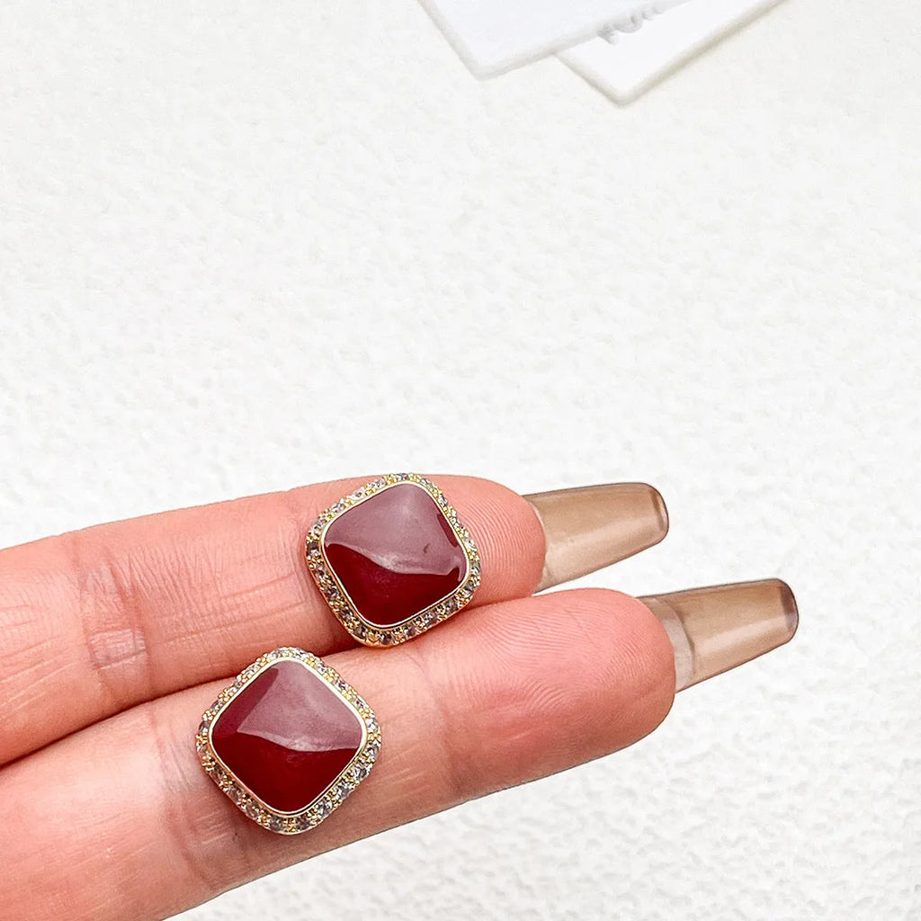 Red square geometric alloy earrings with retro design for women