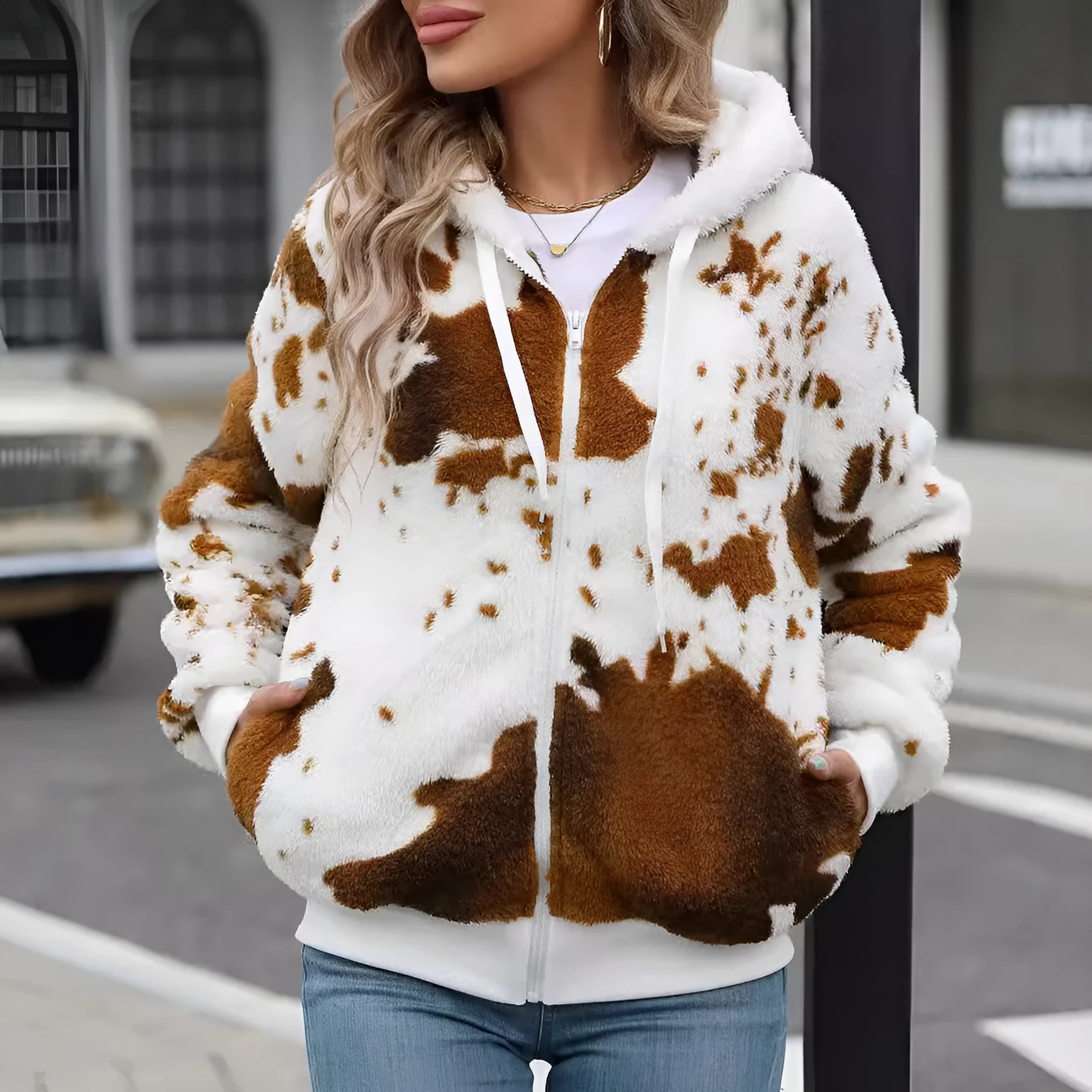 Yellow brown cow animal print hooded cardigan jacket with front zipper and regular sleeves