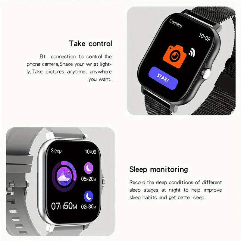 Smart watch with a 1.44-inch colour touch screen and a black silicone strap on a wrist.