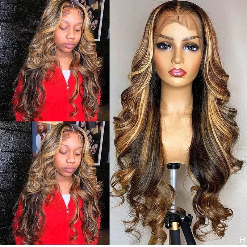Front lace synthetic wig with 134 gradient colour long curly hair styled with side bangs