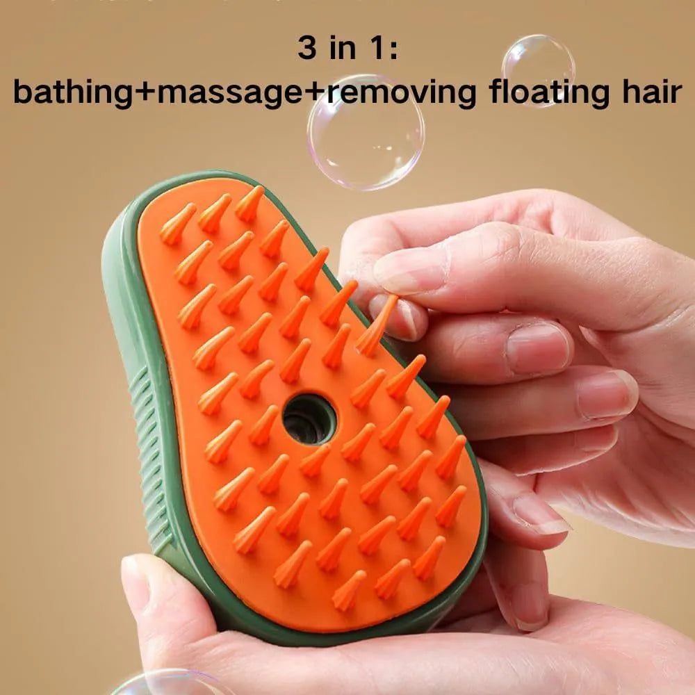 Green and white rechargeable 3-in-1 cat steam brush with silicone teeth and water spray.