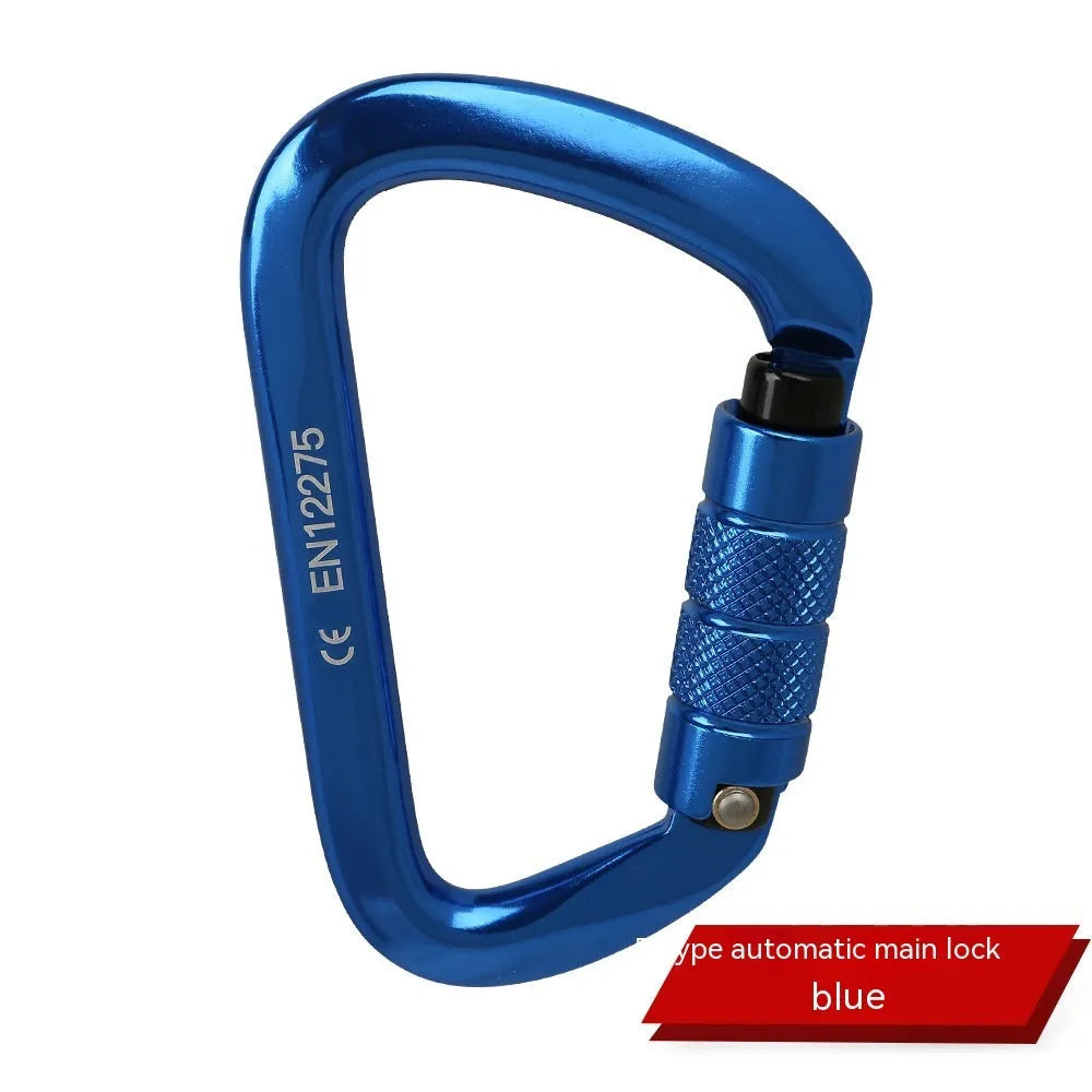 Steel D-shaped climbing carabiner showing automatic and screw-gate types in assorted colours.