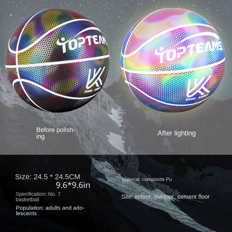 Holographic luminous reflective no. 7 basketball in chroma colour with wear-resistant PU surface