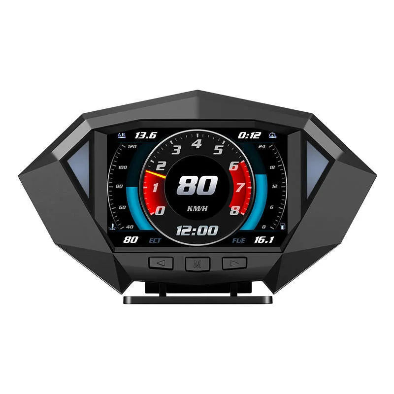 Black P1 model car head-up display unit with LCD screen, OBD cable, and anti-slip pad.