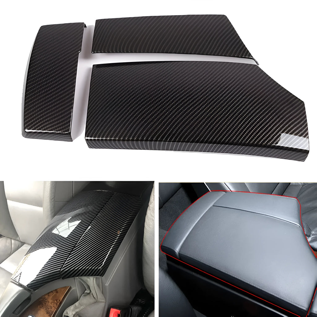 Set of three black ABS car armrest box protective covers with a diagonal carbon fibre weave pattern and shiny finish.