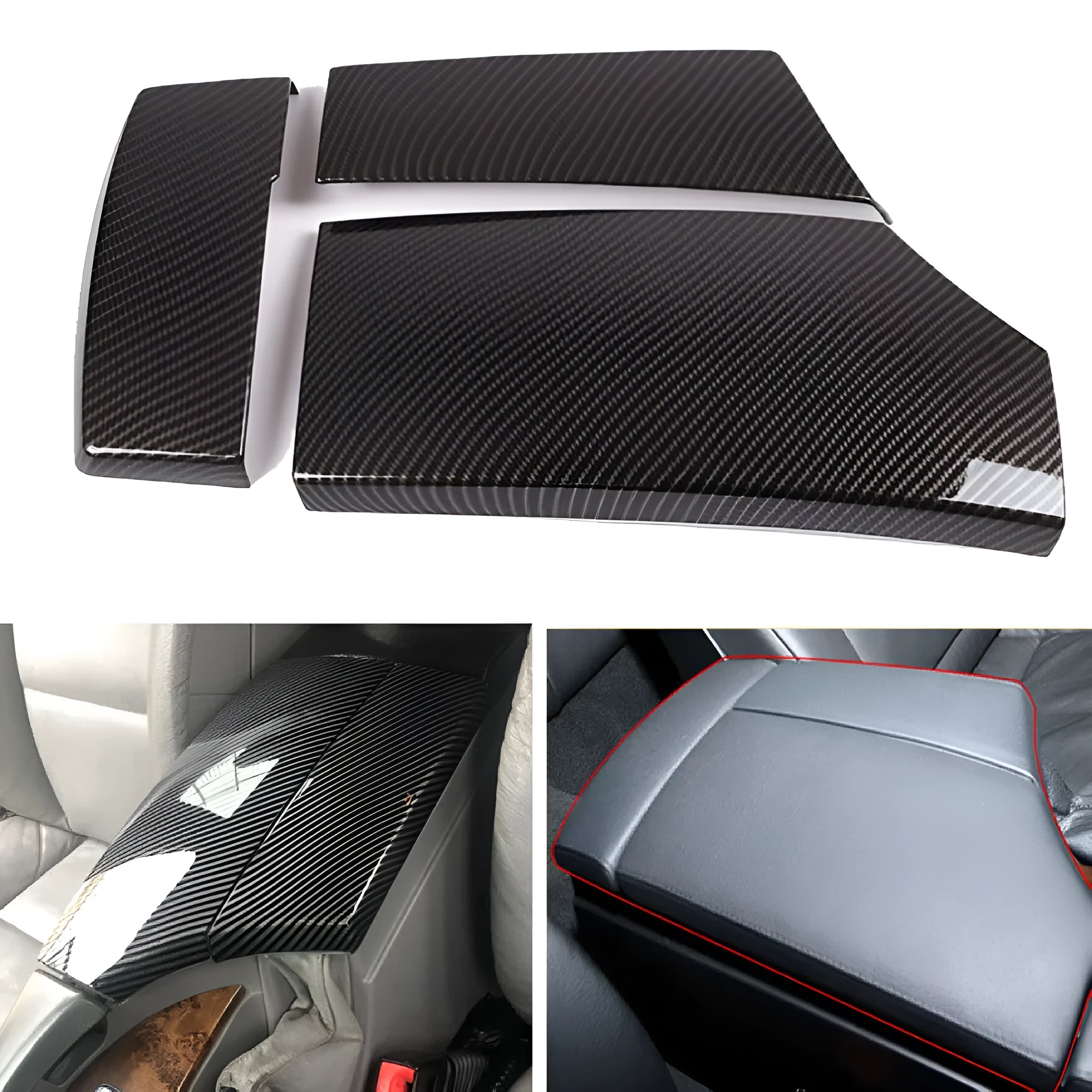 Set of three black ABS car armrest box protective covers with a diagonal carbon fibre weave pattern and shiny finish.