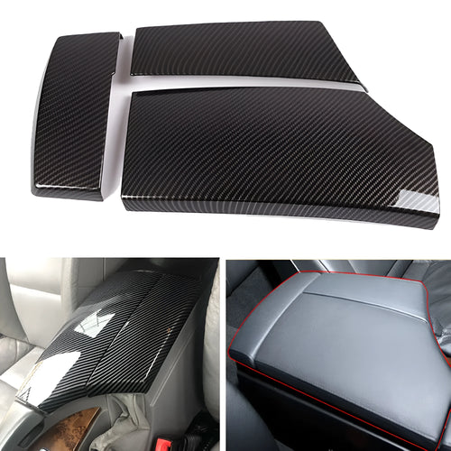 Three ABS carbon fibre pattern armrest box protective covers showing diagonal weave pattern and buckle installation system