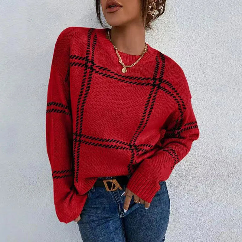 Women's loose plaid colour-block acrylic crew neck sweater in multiple colour options