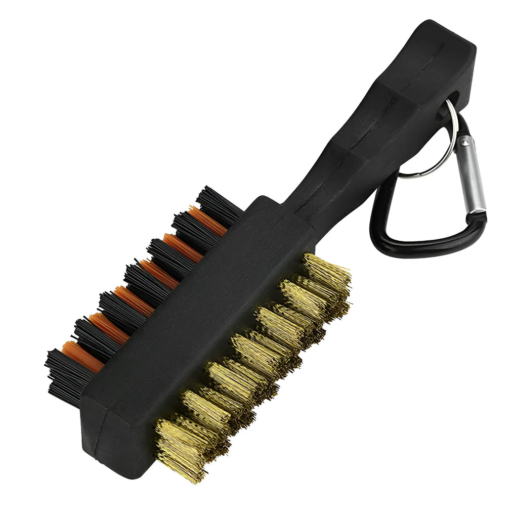 Double-sided golf club cleaning brush with nylon and steel wire bristles, measuring 12.5 x 5 cm