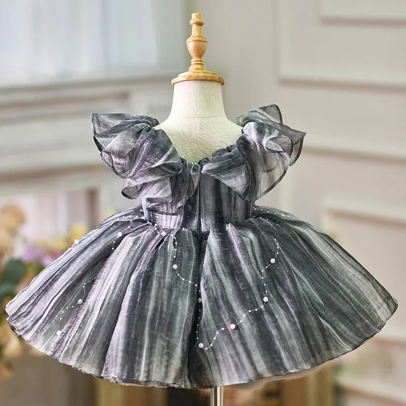 Girls birthday party dress in high grade gray, princess style, polyester lined, sizes 80cm to 160cm