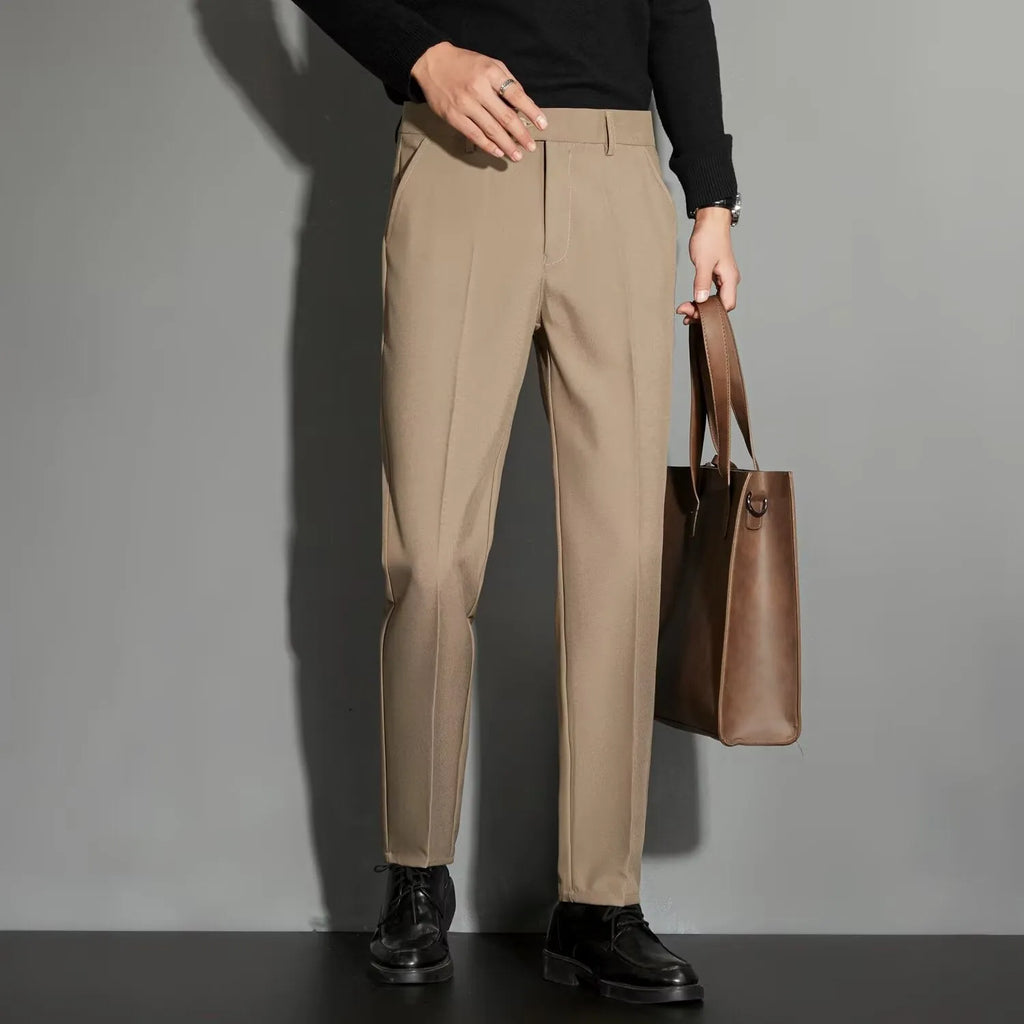 Men's straight-leg suit trousers in chemical fibre blend fabric with spring draping effect