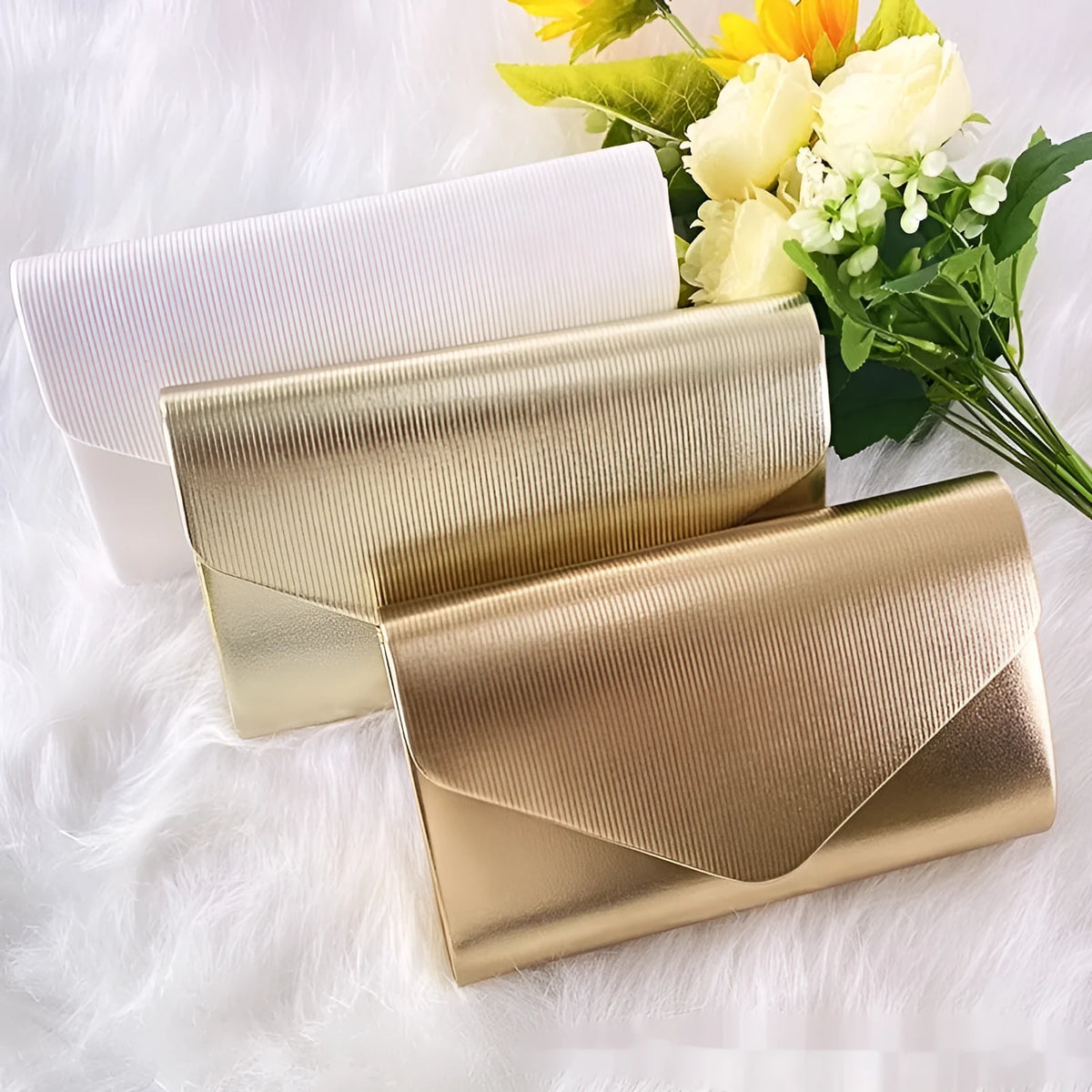 Shiny PU large capacity clutch bag in horizontal square shape with sandwich pocket, available in gold