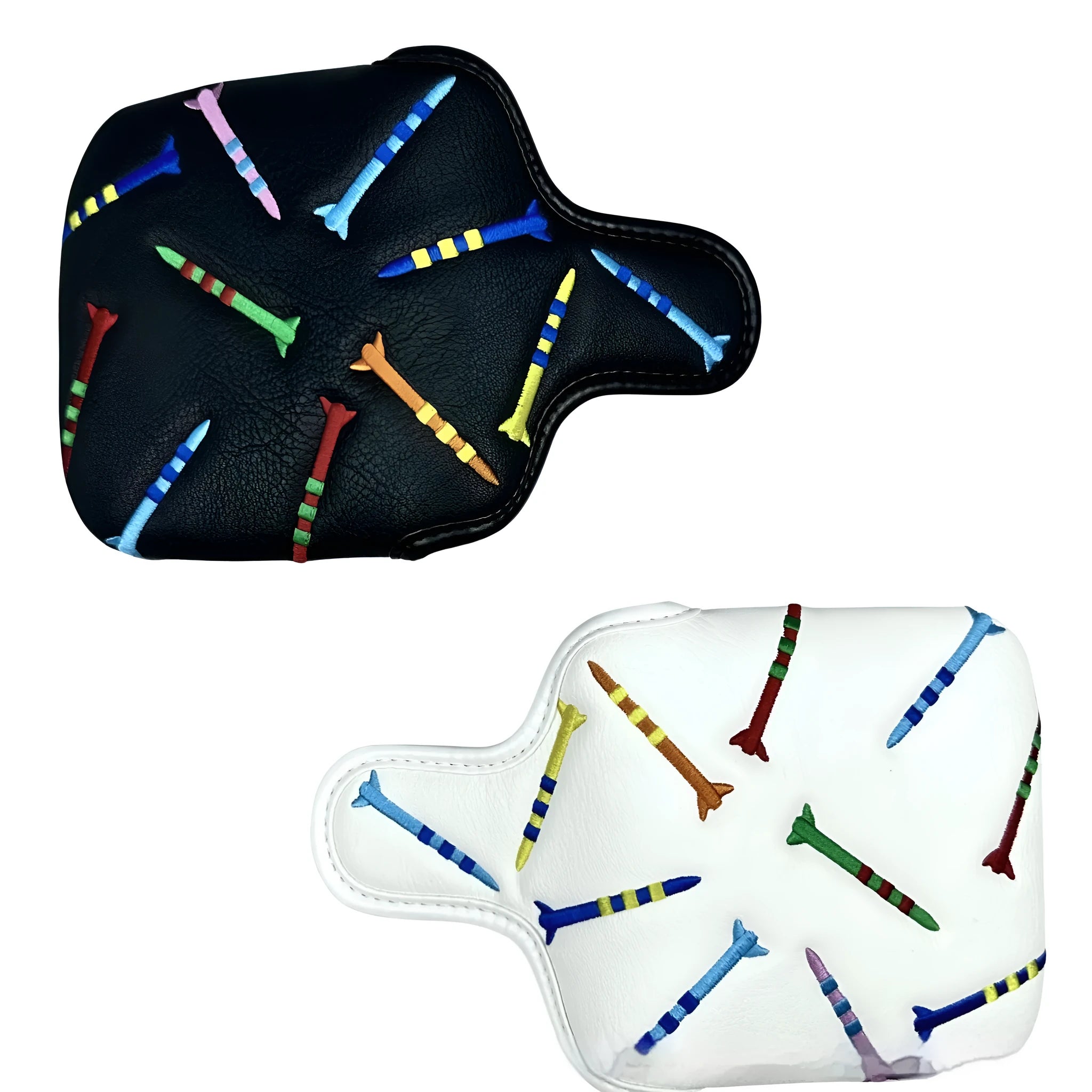 Square black golf putter protective sleeve with a white rocket pattern design.