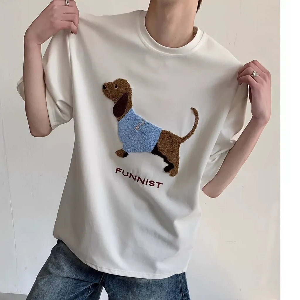 Grey men's cotton T-shirt with an embroidered sausage dog design on the front.