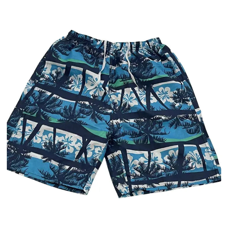 Men's floral print five-point swimming trunks in polyester fabric for pool and beach use
