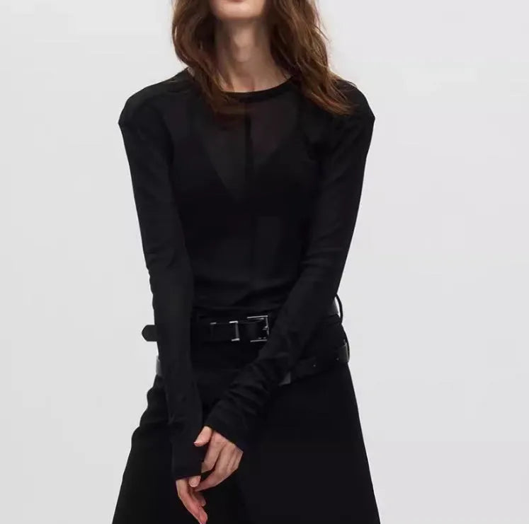 Black mesh see-through texture slim-fit women's pullover with long sleeves