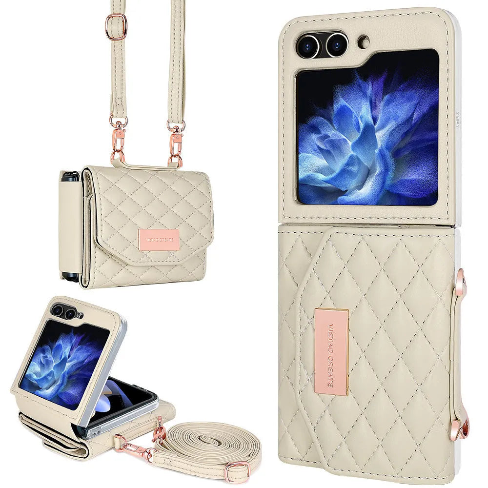 Fashion lanyard phone cover for Samsung Z Flip4 Flip5 Flip6 in purple with crossbody strap and card slot