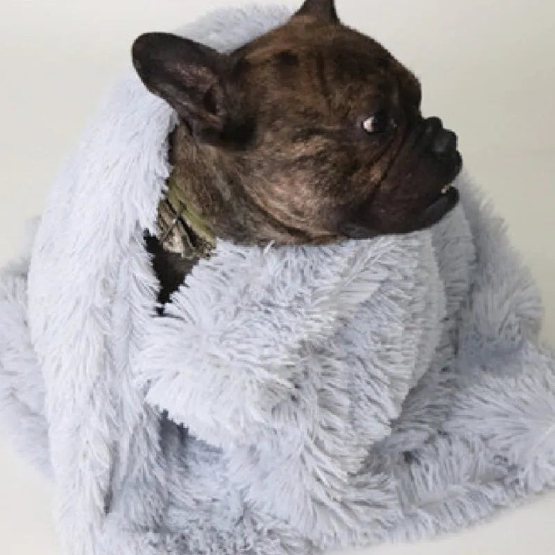 Soft long plush dog blanket in light grey, shown folded with size options S, M, L.