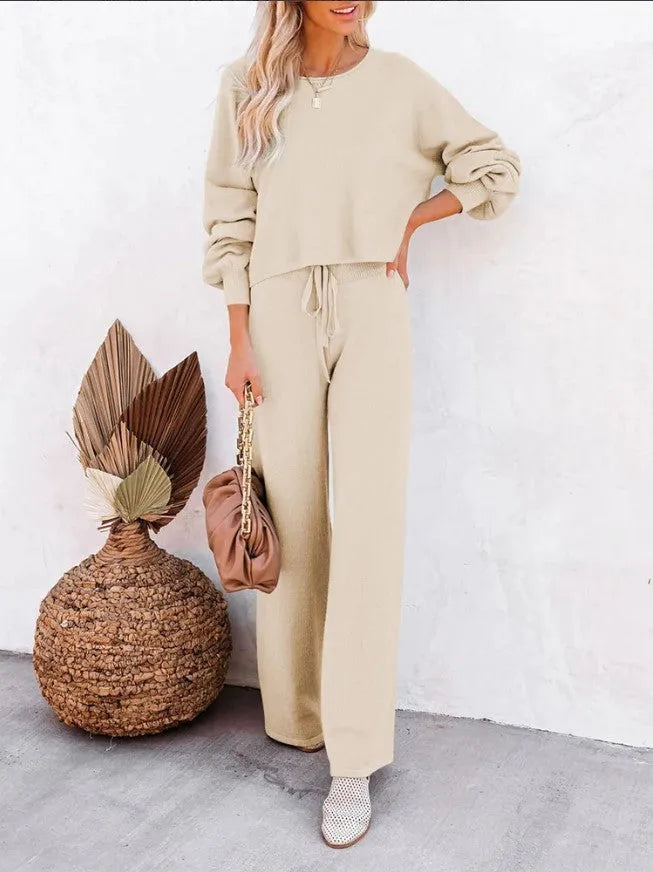 Women's casual solid colour two-piece set, long-sleeved top and trousers, polyester, beaded detail, in apricot colour