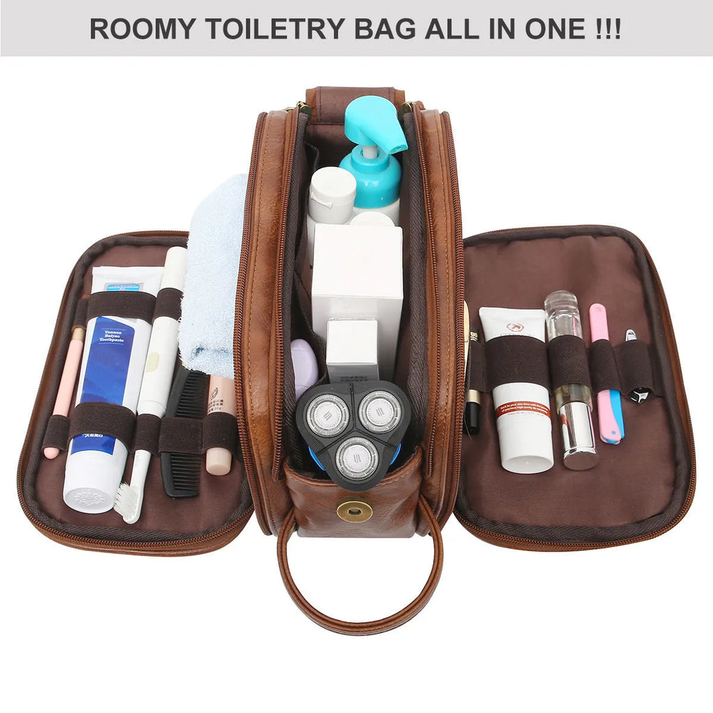 Black and brown men's Pu leather toiletry bag with zipped compartments open.
