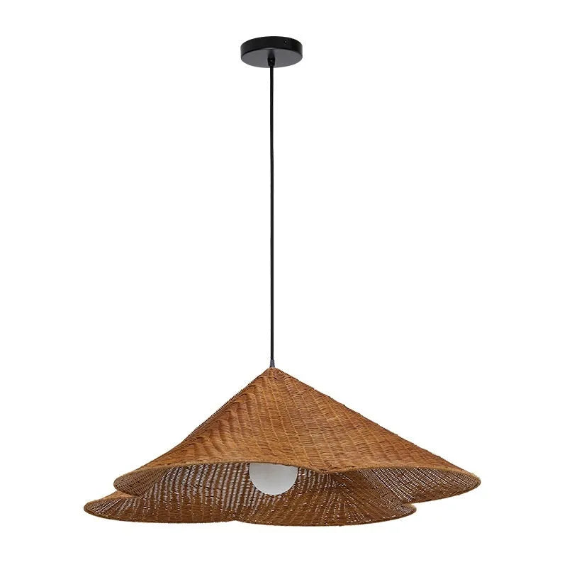Natural rattan woven pendant ceiling lamp in Zen style, shown in 50cm, 60cm, and 80cm diameter options.