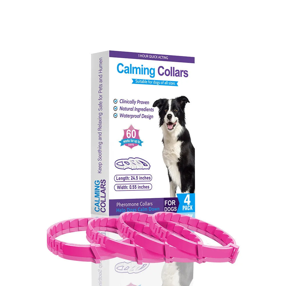 Four dog calming collars in assorted colours with adjustable 62cm length and TPR material