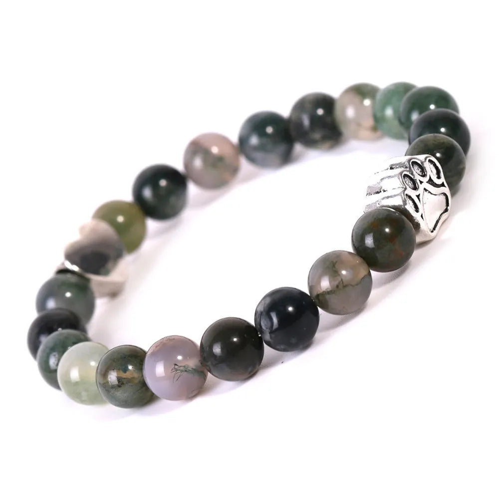 Tigereye Indian agate stone bead bracelet with dog's paw and heart charms in geometric design