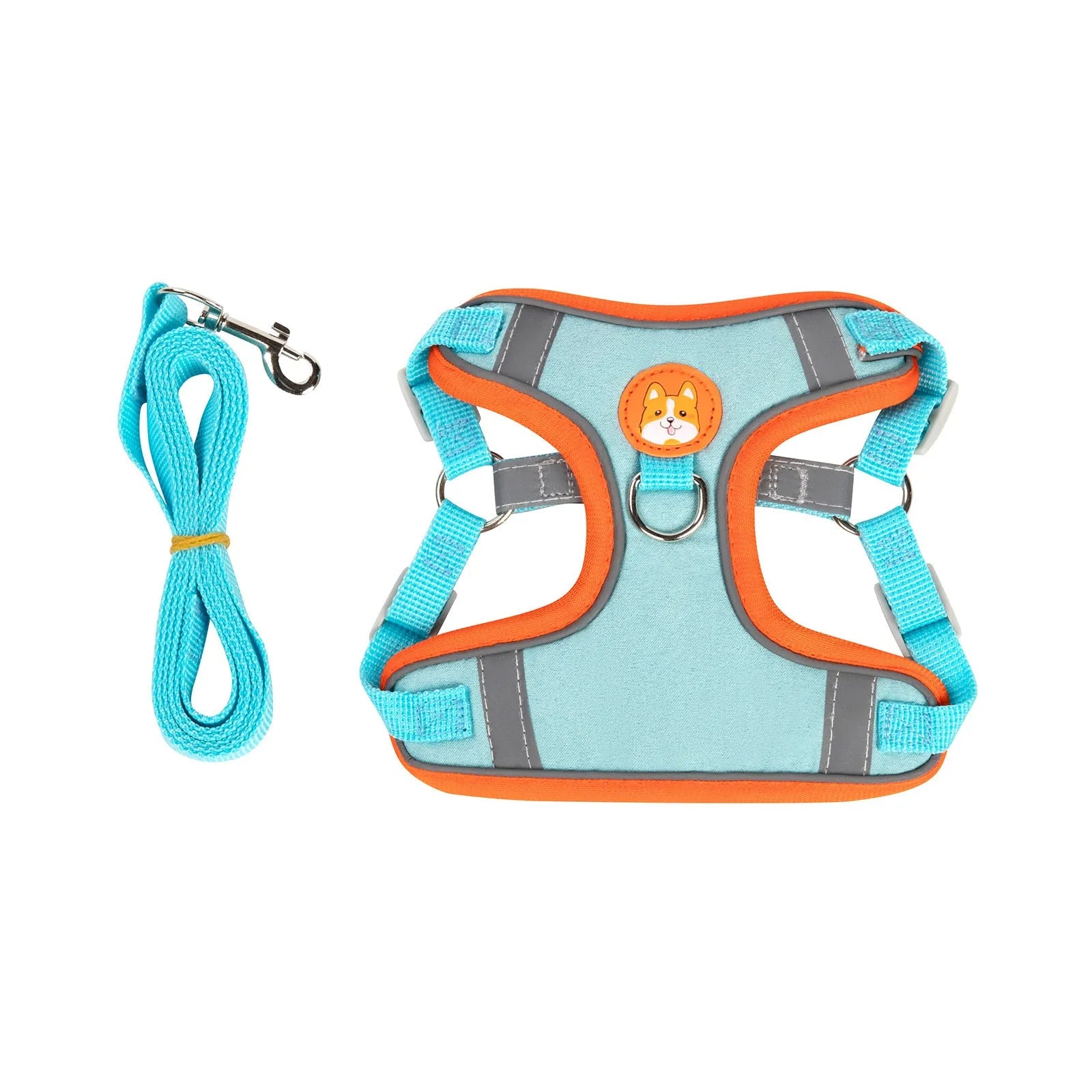 Adjustable dog harness and leash set in assorted colours with a chest strap.