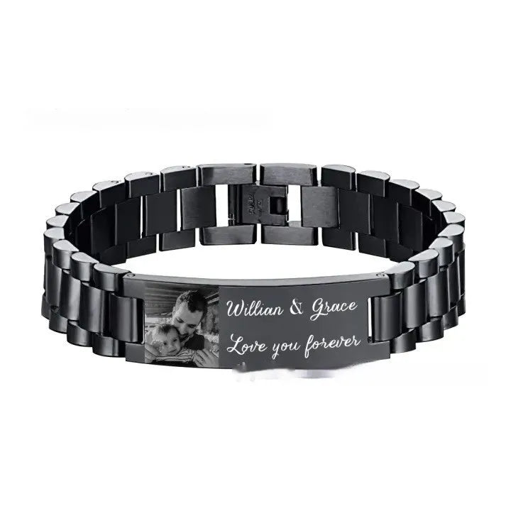 Men's titanium steel bracelet with curved heart shape featuring black personalisation text
