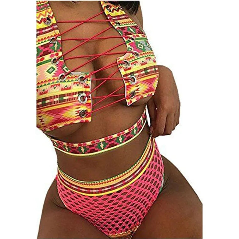 Women's checkered cross strap bikini set with high-waisted shorts
