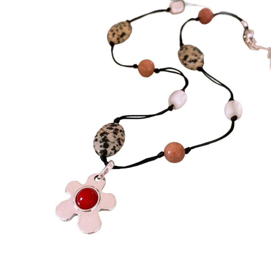 Women's ethnic necklace with stone shell beaded flower pendant on adjustable alloy chain