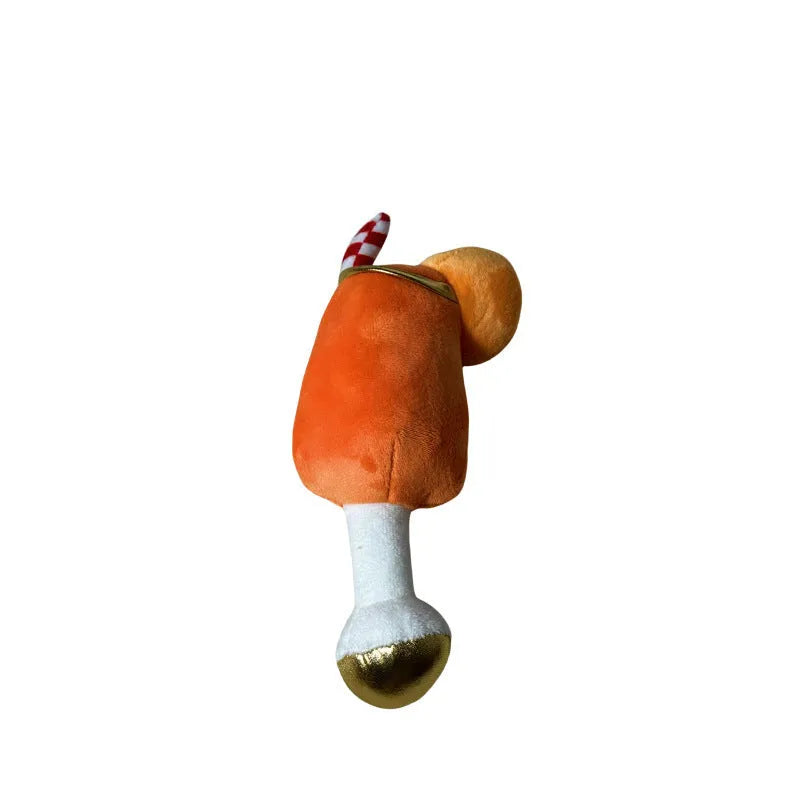 Yellow plush beer bottle shaped squeaky dog toy with teeth cleaning feature