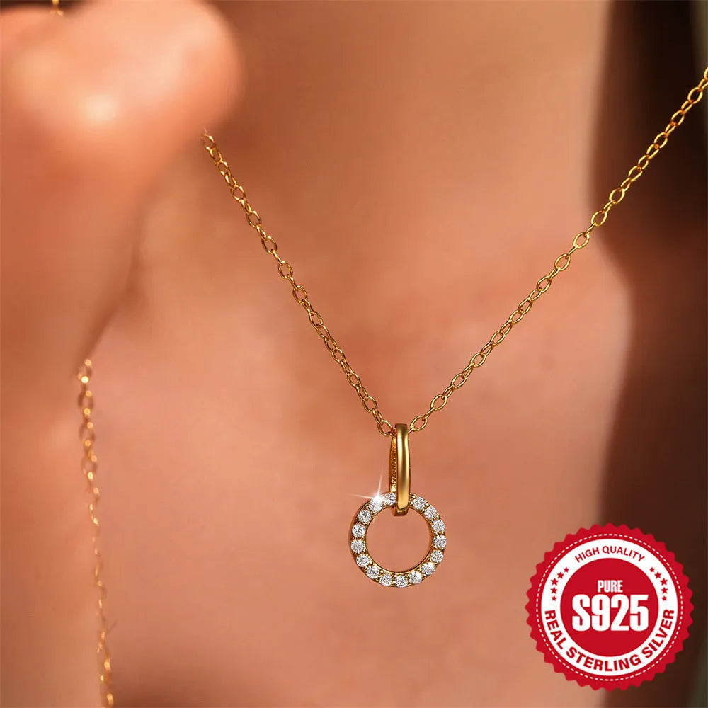 Gold tone S925 sterling silver clavicle chain with geometric zircon pendant on adjustable 21-50cm chain