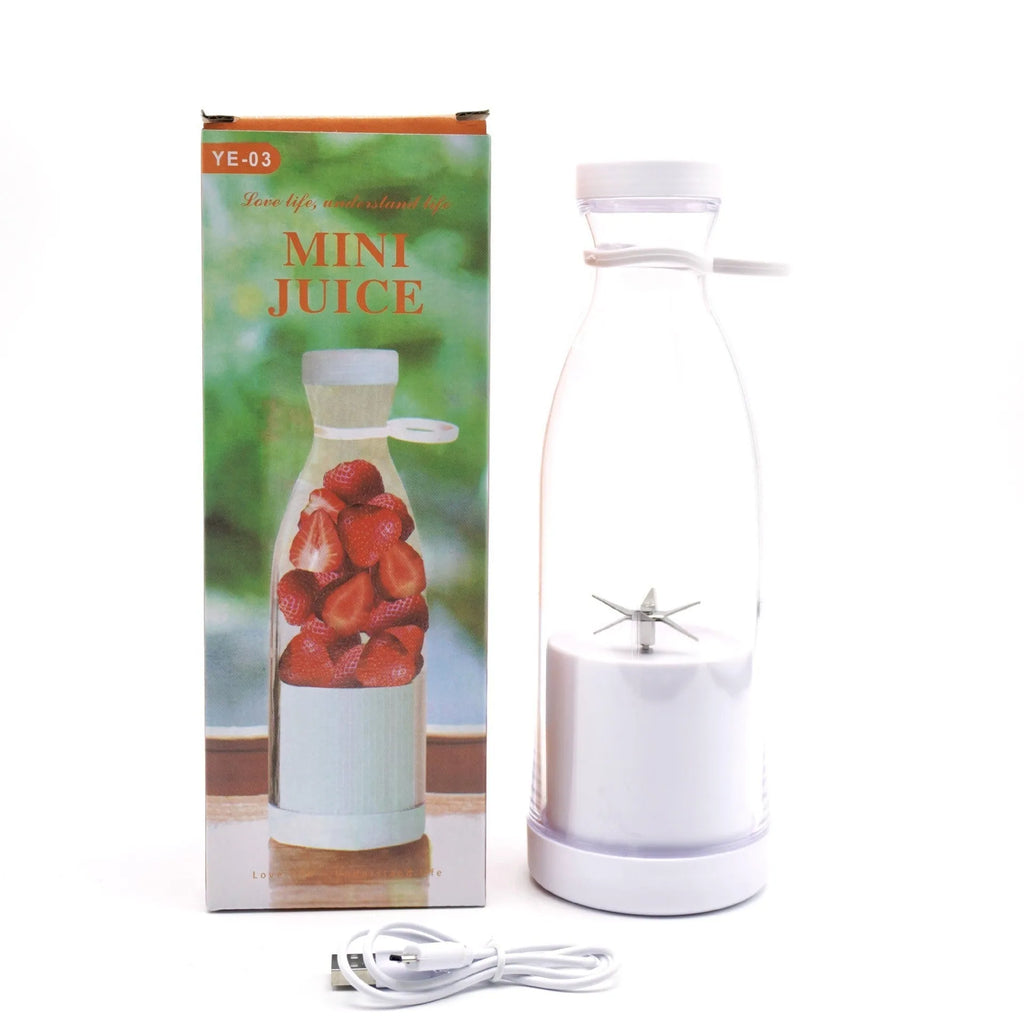 Electric USB wine bottle juicer cup with 6-leaf cutter head in white, PC food grade plastic liner, 400ml capacity