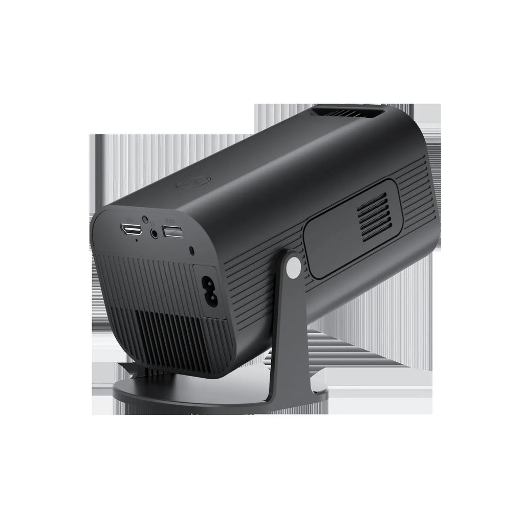 Black or white P330 portable mini projector with remote control on a table.