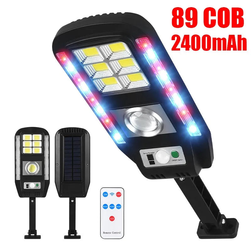 Outdoor solar street light with colourful warning, COB 20W, IP65, remote control solar garden light