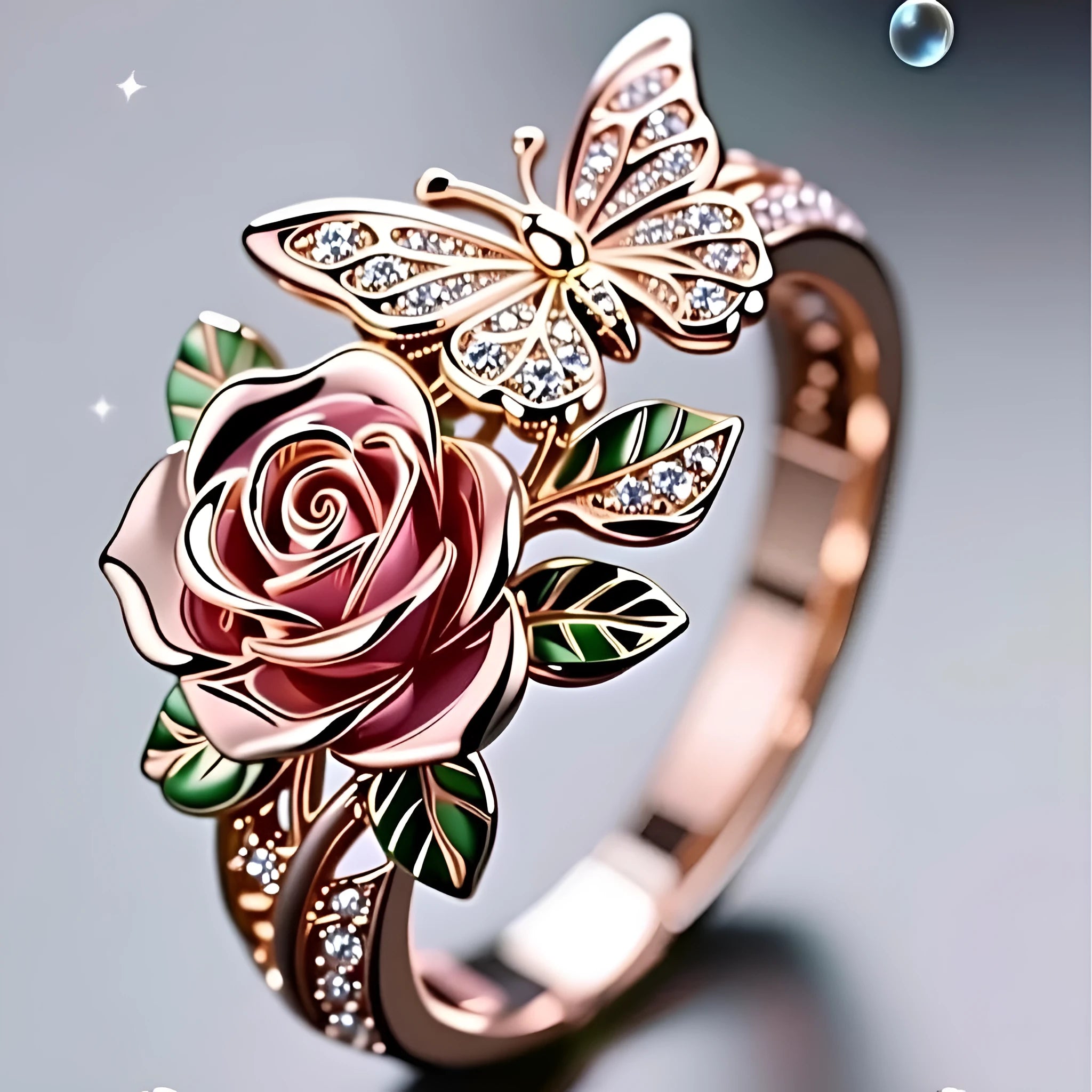 Adjustable fairy style butterfly ring with colourful oil drop centrepiece and leaf design.