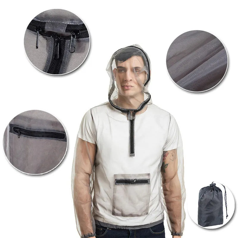 Smoky grey insect-proof mesh jacket for outdoor hiking and camping activities