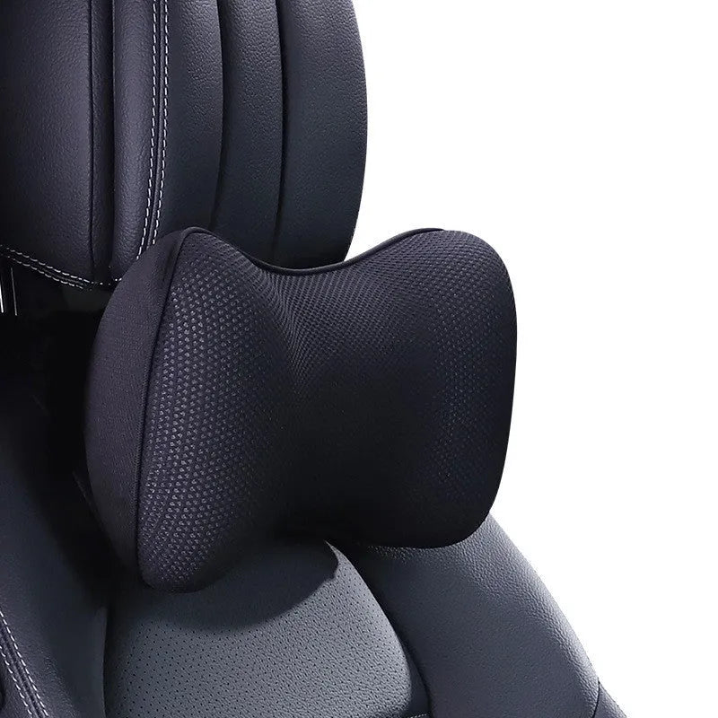 Ergonomic car headrest and lumbar support cushion with BASF memory foam in breathable starry sky net fabric on a car seat