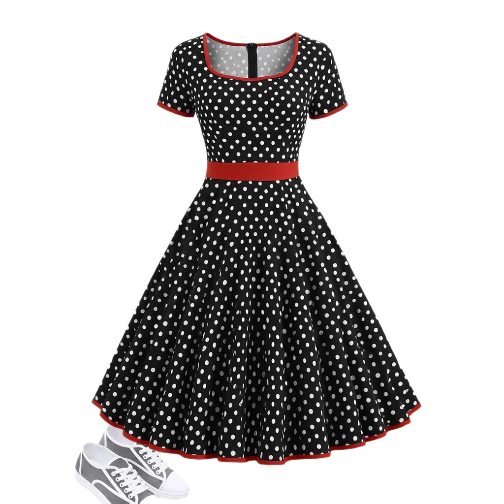 Women's multicolour polka dot dress with square collar and front zipper