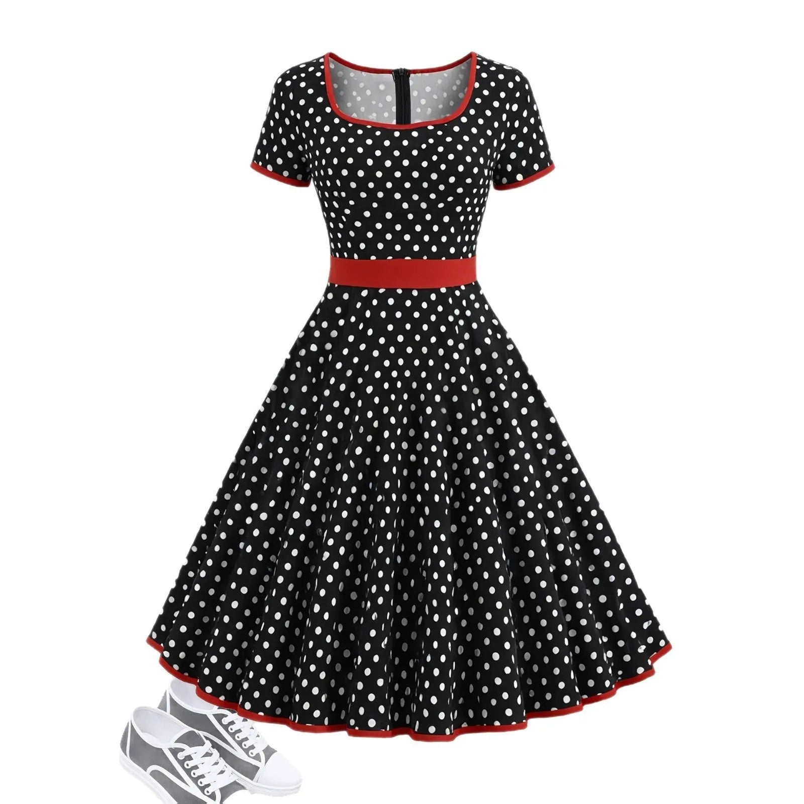 Women's multicolour polka dot dress with square collar and front zipper