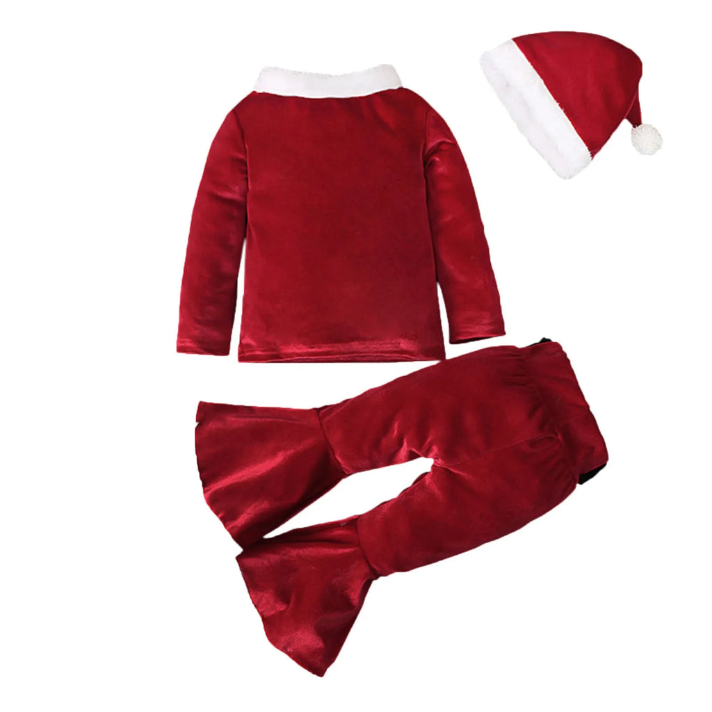 Red Korean velvet children's Christmas three-piece set with shirt, bell bottoms, and hat on display