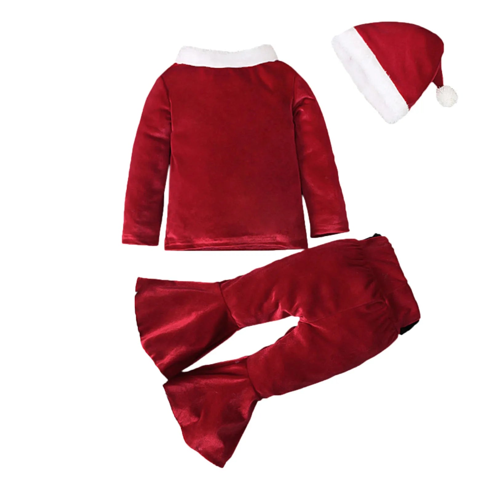 Red Korean velvet children's Christmas three-piece set with shirt, bell bottoms, and hat on display