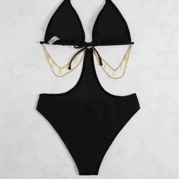 Black women's bikini swimsuit with a metallic chain detail across the front.
