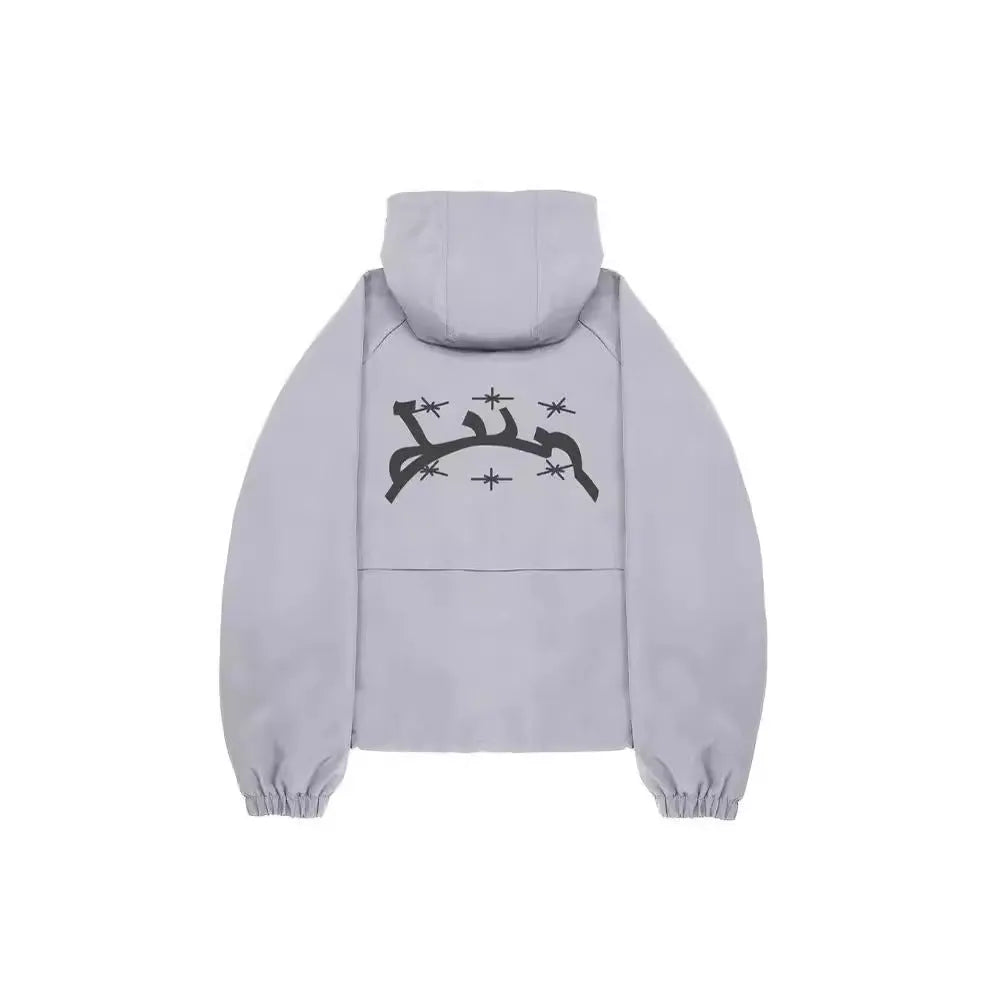 Men's British-style loose fit hooded sunscreen jacket in grey colour showing attached hood and polyester fabric