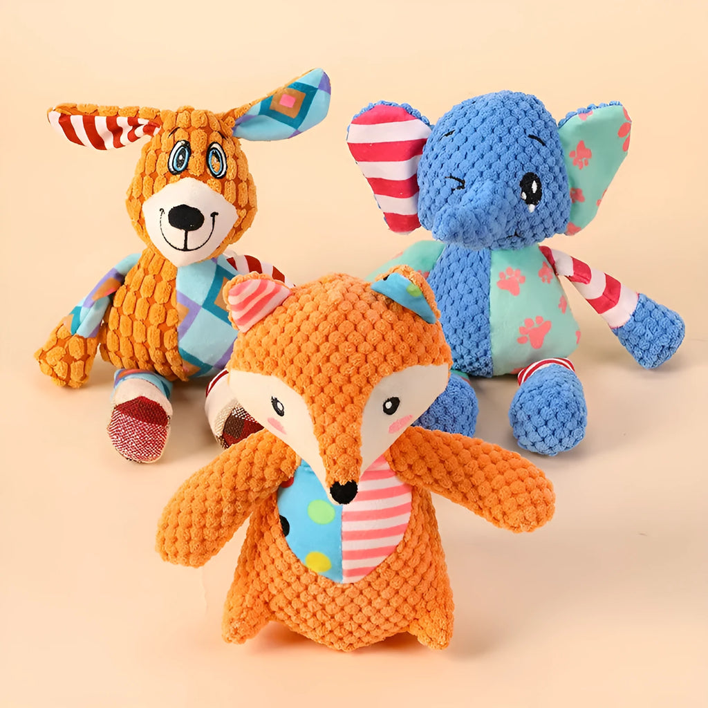 Plush dog squeaky toy with bite resistant fabric and collision colour pattern for small and large breeds