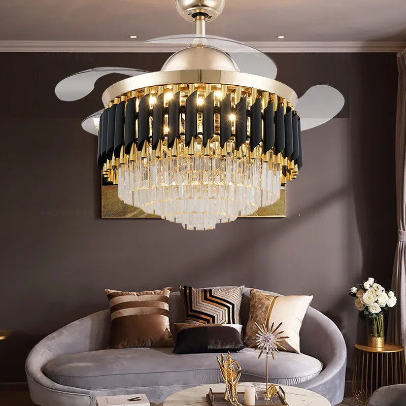 Crystal chandelier ceiling fan light with remote control in silver finish